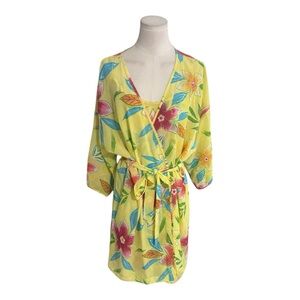Robe & Slip Dress Set L.A. INTIMATES Yellow Floral XL Bow Vintage Lingerie Boho